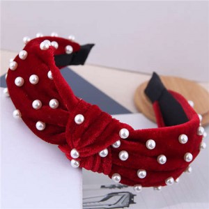Artificial Pearl Embellished Velvet High Fashion Women Hair Hoop - Red