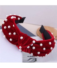 Artificial Pearl Embellished Velvet High Fashion Women Hair Hoop - Red
