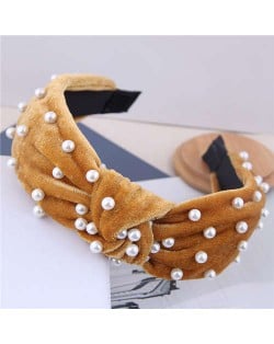 Artificial Pearl Embellished Velvet High Fashion Women Hair Hoop - Brown