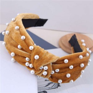 Artificial Pearl Embellished Velvet High Fashion Women Hair Hoop - Brown