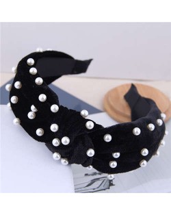 Artificial Pearl Embellished Velvet High Fashion Women Hair Hoop - Black