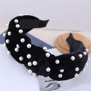 Artificial Pearl Embellished Velvet High Fashion Women Hair Hoop - Black