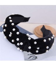 Artificial Pearl Embellished Velvet High Fashion Women Hair Hoop - Black