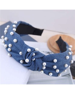 Artificial Pearl Embellished Velvet High Fashion Women Hair Hoop - Jeans Blue