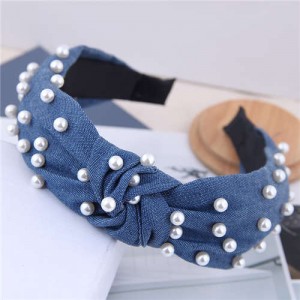 Artificial Pearl Embellished Velvet High Fashion Women Hair Hoop - Jeans Blue