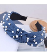 Artificial Pearl Embellished Velvet High Fashion Women Hair Hoop - Jeans Blue