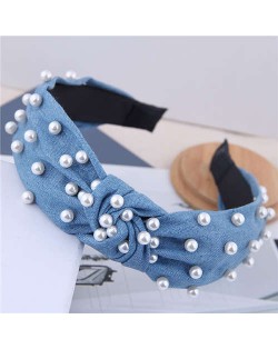 Artificial Pearl Embellished Velvet High Fashion Women Hair Hoop - Light Jeans Blue