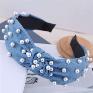 Artificial Pearl Embellished Velvet High Fashion Women Hair Hoop - Light Jeans Blue