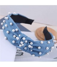 Artificial Pearl Embellished Velvet High Fashion Women Hair Hoop - Light Jeans Blue
