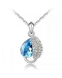 Love Leaf with Aquamarine Crystal Water-drop Pendant Necklace