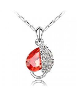Love Leaf with Red Crystal Water-drop Pendant Necklace