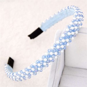 Beads and Crystal Embellished Korean Fashion Women Hair Hoop - Blue