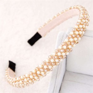 Beads and Crystal Embellished Korean Fashion Women Hair Hoop - Champagne