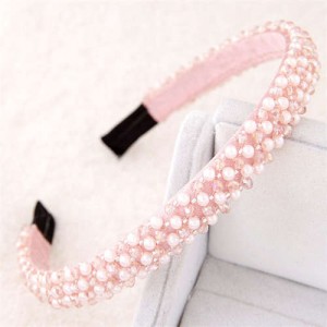 Beads and Crystal Embellished Korean Fashion Women Hair Hoop - Pink