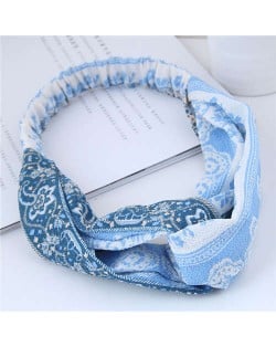 Folk Style Floral Pattern Women Cloth Hair Band - Light Blue