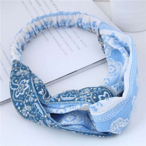 Folk Style Floral Pattern Women Cloth Hair Band - Light Blue