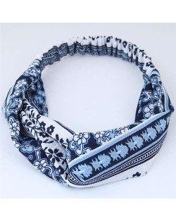 Folk Style Floral Pattern Women Cloth Hair Band - Dark Blue