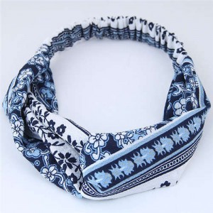 Folk Style Floral Pattern Women Cloth Hair Band - Dark Blue