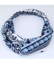 Folk Style Floral Pattern Women Cloth Hair Band - Dark Blue