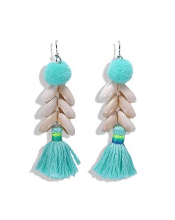 Fluffy Ball Tassel and Seashell Combo Design Women Fashion Earrings - Green