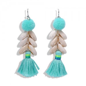 Fluffy Ball Tassel and Seashell Combo Design Women Fashion Earrings - Green