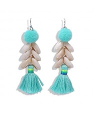 Fluffy Ball Tassel and Seashell Combo Design Women Fashion Earrings - Green