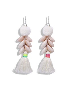 Fluffy Ball Tassel and Seashell Combo Design Women Fashion Earrings - White