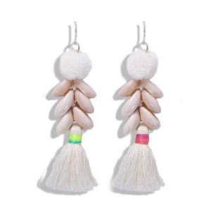 Fluffy Ball Tassel and Seashell Combo Design Women Fashion Earrings - White