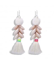 Fluffy Ball Tassel and Seashell Combo Design Women Fashion Earrings - White