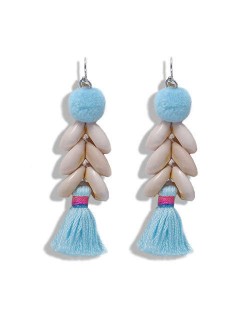 Fluffy Ball Tassel and Seashell Combo Design Women Fashion Earrings - Blue