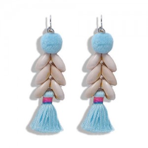 Fluffy Ball Tassel and Seashell Combo Design Women Fashion Earrings - Blue