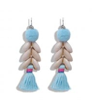Fluffy Ball Tassel and Seashell Combo Design Women Fashion Earrings - Blue