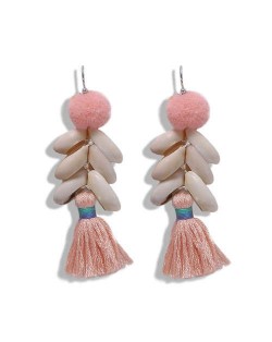 Fluffy Ball Tassel and Seashell Combo Design Women Fashion Earrings - Pink