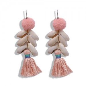 Fluffy Ball Tassel and Seashell Combo Design Women Fashion Earrings - Pink