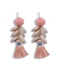 Fluffy Ball Tassel and Seashell Combo Design Women Fashion Earrings - Pink