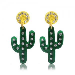 Dangling Cactus Design High Fashion Women Statement Earrings - Green