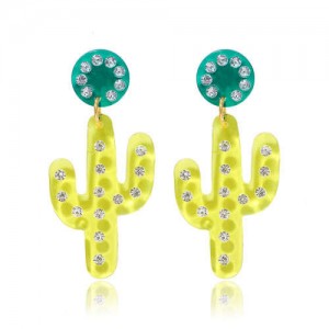 Dangling Cactus Design High Fashion Women Statement Earrings - Yellow
