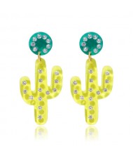 Dangling Cactus Design High Fashion Women Statement Earrings - Yellow