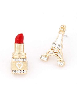 Lipstick and Tower Asymmetric Design Women Fashion Earrings - White