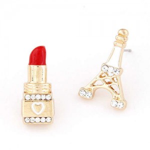 Lipstick and Tower Asymmetric Design Women Fashion Earrings - White