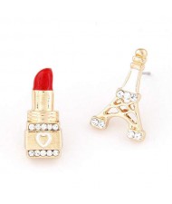 Lipstick and Tower Asymmetric Design Women Fashion Earrings - White