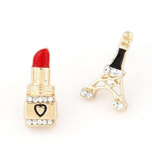 Lipstick and Tower Asymmetric Design Women Fashion Earrings - Black