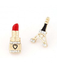 Lipstick and Tower Asymmetric Design Women Fashion Earrings - Black