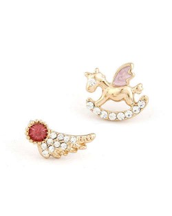 Cute Wooden Horse and Wing Asymmetric Design Women Statement Earrings - Red