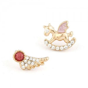 Cute Wooden Horse and Wing Asymmetric Design Women Statement Earrings - Red