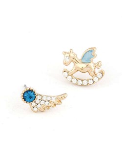 Cute Wooden Horse and Wing Asymmetric Design Women Statement Earrings - Blue