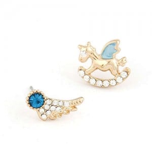 Cute Wooden Horse and Wing Asymmetric Design Women Statement Earrings - Blue