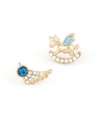 Cute Wooden Horse and Wing Asymmetric Design Women Statement Earrings - Blue