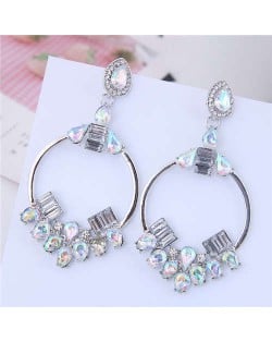 Rhinestone Embellished Dangling Hoop Fashion Women Earrings - Silver