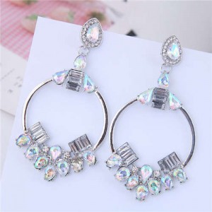 Rhinestone Embellished Dangling Hoop Fashion Women Earrings - Silver